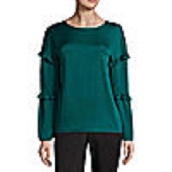 Worthington Satin Ruff  Sleeve Blouse Bold Emerald - Picture 1 of 1